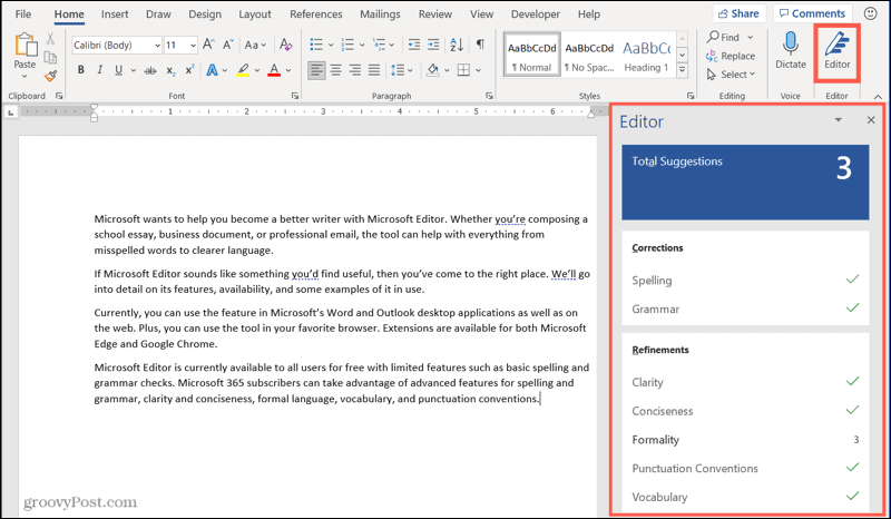 Microsoft Editor u programu Word na sustavu Windows