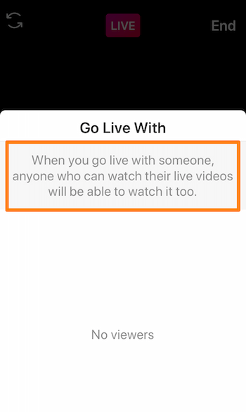 snimka zaslona Instagram Livea koja prikazuje poruku: Kad odete uživo s nekim, moći će ga gledati i svi koji mogu gledati njihove video zapise uživo.