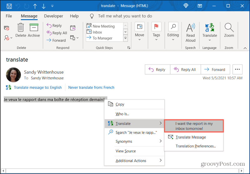 Desnom tipkom miša kliknite za prijevod u programu Outlook