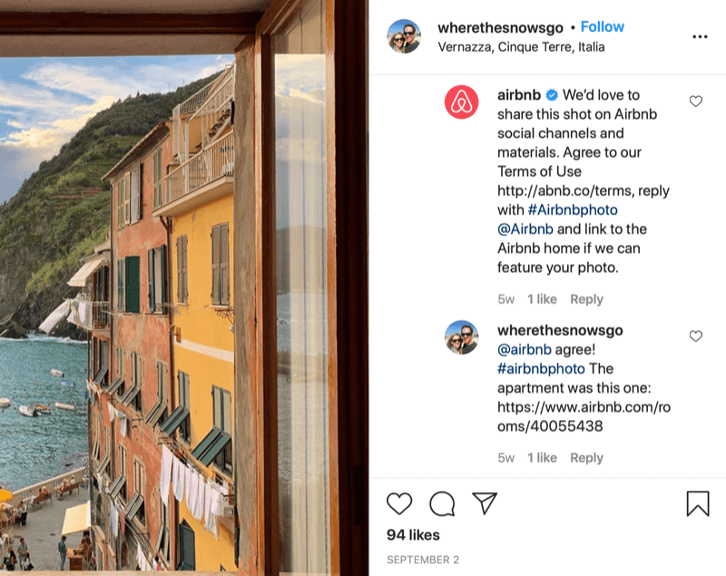 instagram napisano primjer dopuštenja za ponovno objavljivanje između @wherethesnowsgo i @airbnb s airbnb tražeći da podijele fotografija i informacije o tome kako pružiti odobrenje i odgovor @wherethesnowsgo kojim se odobrava ponovno dijeljenje datoteke slika
