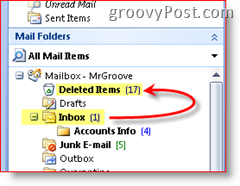Screenshot programa Outlook 2007 koji objašnjava da se izbrisane stavke premještaju u mapu izbrisanih stavki