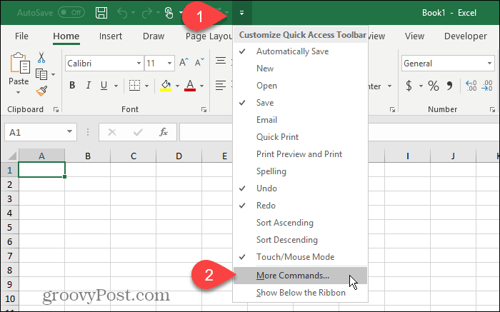 Odaberite Više naredbi na alatnoj traci za brzi pristup u Excelu