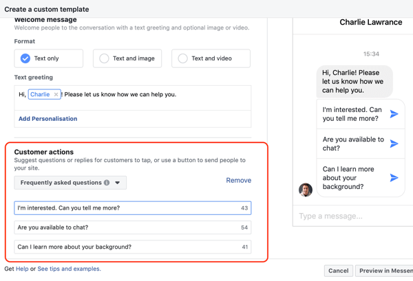 Kako pretvoriti posjetitelje web stranice s Facebook Messenger oglasima, korak 4, primjer kopiranja radnji kupca