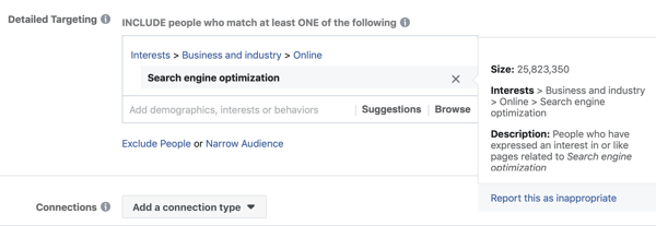 Primjer standardnog facebook ciljanja za interesnu optimizaciju pretraživača koja rezultira prevelikom publikom, na 25 milijuna.