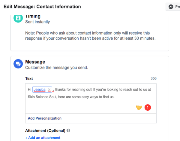 snimka zaslona sučelja za postavljanje automatskog odgovora na Facebook Messenger Contact Information