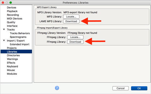 Instalirajte dodatni LAME MP3 koder i FFmpeg biblioteku s Audacity.