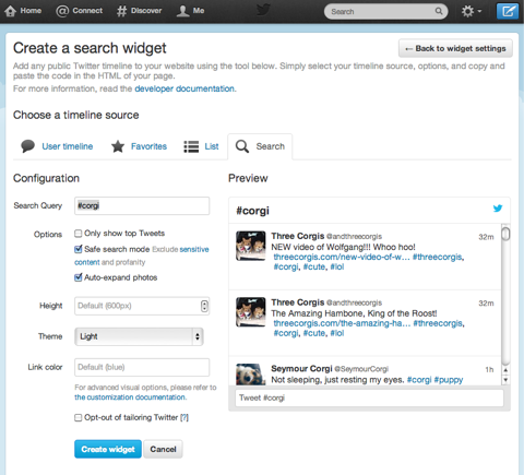 stvoriti widget za pretraživanje twittera