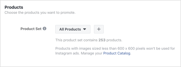 Kliknite znak + u odjeljku Proizvodi na razini oglasa vaše Facebook kampanje.