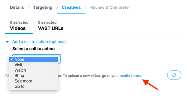 Opcije za postavljanje poziva na akciju za vaš videozapis koji hostira Twitter, a za vaš In-Stream video prikaz (Pre-Roll) Twitter oglas.