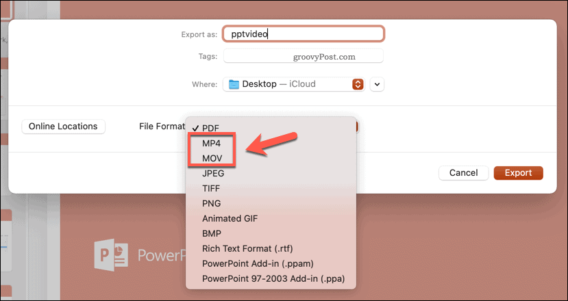Odabir formata datoteke za izvoz u programu PowerPoint na Macu