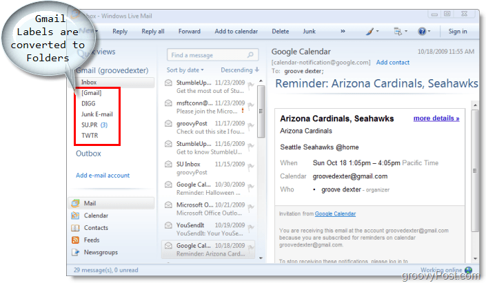 klijent e-pošte za Windows live poštu, gmail etikete se pretvaraju u mape u Windows Live mail