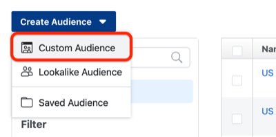1. korak kako stvoriti Facebook prilagođenu publiku