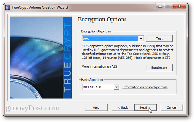 Opcije šifriranja TrueCrypt: AES, SerpentFish, Twofish, Cascade