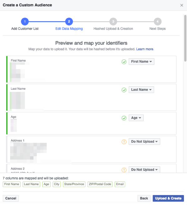 Provjerite jesu li polja koja Facebook otkrije u vašoj CSV datoteci pravilno mapirana u kategorije koje Facebook razumije.