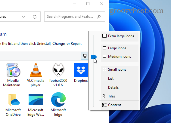 Promijenite upravljačku ploču veličine ikone aplikacije Windows 11