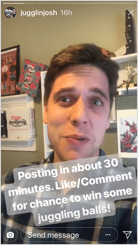 Objava članaka Josha Hortona na Instagramu prikazuje Josha kako se suočava s kamerom s tekstom Objavljivanje u oko 30 minuta. Sviđa mi se / komentirajte priliku da osvojite nekoliko žonglirajućih lopti!