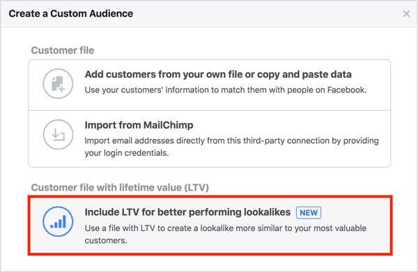 Odaberite opciju Uključi LTV za bolju izvedbu kada stvarate prilagođenu publiku s popisa kupaca. 
