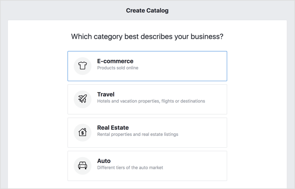 Da biste kreirali svoj Facebook katalog, odaberite opciju E-trgovina i kliknite Dalje.