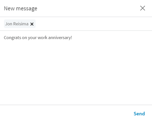Kada kliknete gumb Reci čestitke, LinkedIn otvara novu poruku s kratkim pokretačem.