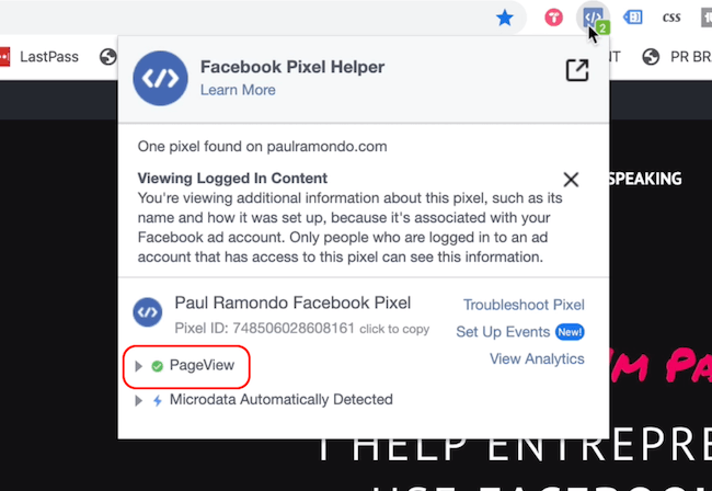 Facebook Pixel Helper prikazuje prikaz stranice