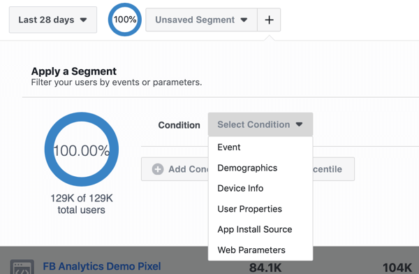 Opcije uvjeta za vaše segmente u izvornim grupama događaja Facebook Analytics.