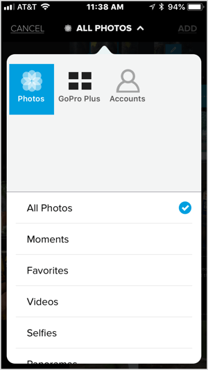 Dodirnite ikonu + i odaberite videozapis ili pet ili više slika za uvoz u Quik.