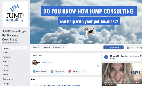 Kako koristiti značajke Facebook grupa, primjer Facebook stranice za JUMP Consulting
