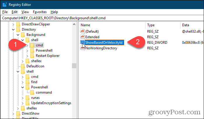 Preimenovanje pozadinske vrijednosti cmd HideBasedOnVelocityId u uređivaču sustava Windows Registry