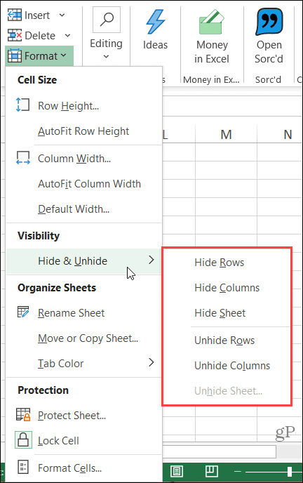 Sakrij vrpcu stupca u programu Excel u sustavu Windows