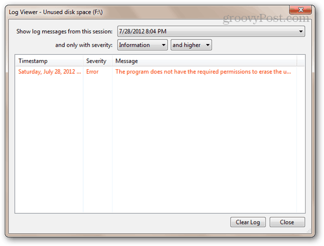 Program nema potrebna dopuštenja za brisanje neiskorištenog prostora na disku
