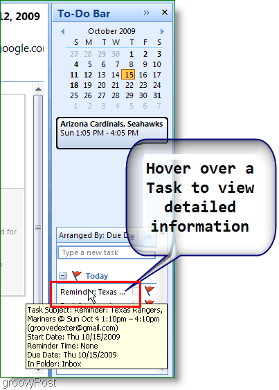 Outlook 2007 To-Do bar - Zadržite pokazivač miša iznad stavke za više pojedinosti