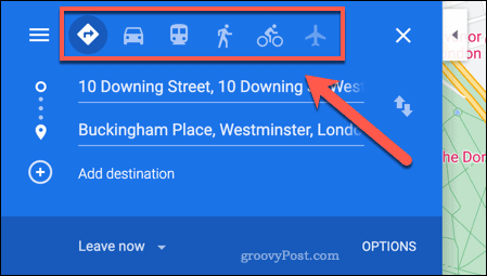 Opcije putovanja na Google kartama