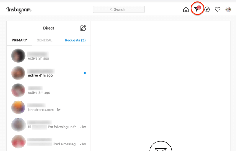 snimka zaslona nadzorne ploče instagram direktnih poruka s istaknutom ikonom papir-avion