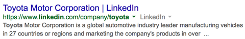 stranica tvrtke Toyota Toyota u Googleovim rezultatima pretraživanja