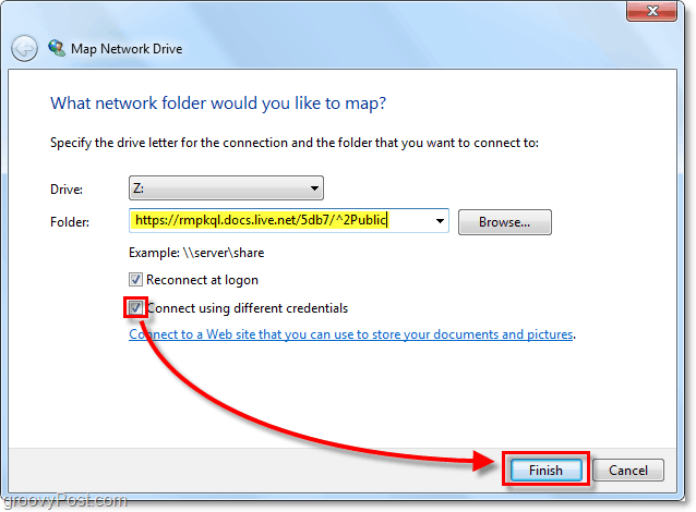 zalijepite u svoj Windows live skydrive url u preslikani opciju mrežnog pogona i provjerite konekciju u svim vjerodajnicama, a zatim kliknite dovrši.