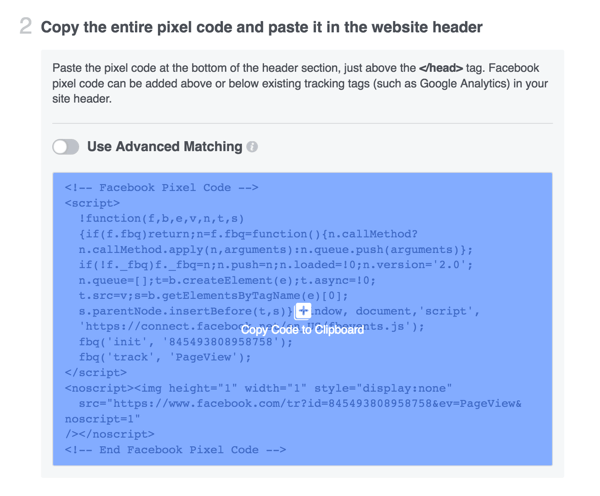Kopirajte Facebook pixel kod i instalirajte ga na svoju web stranicu.