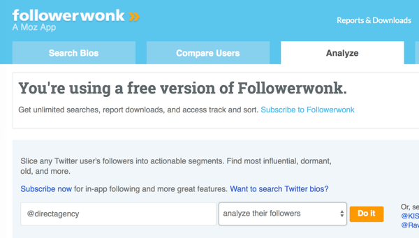Odaberite Twitter račun koji želite analizirati s Followerwonk.