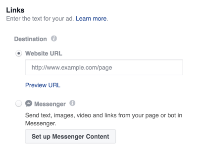 Odaberite odredište za svoj Facebook Messenger oglas.