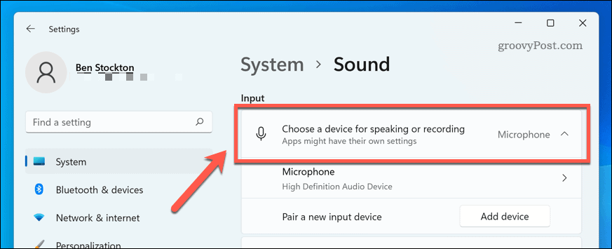 Odabir uređaja za unos zvuka u sustavu Windows 11