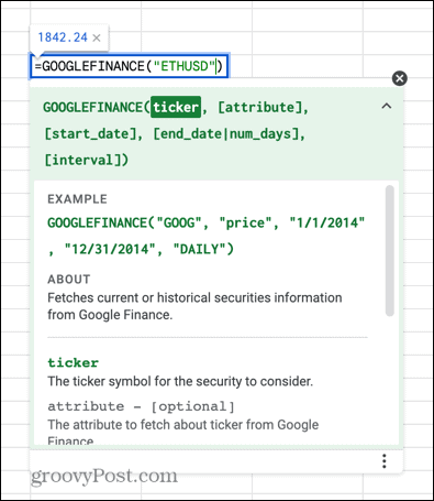 googlefinance formula