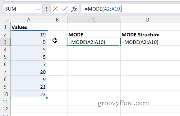 Primjer formule MODE u Excelu