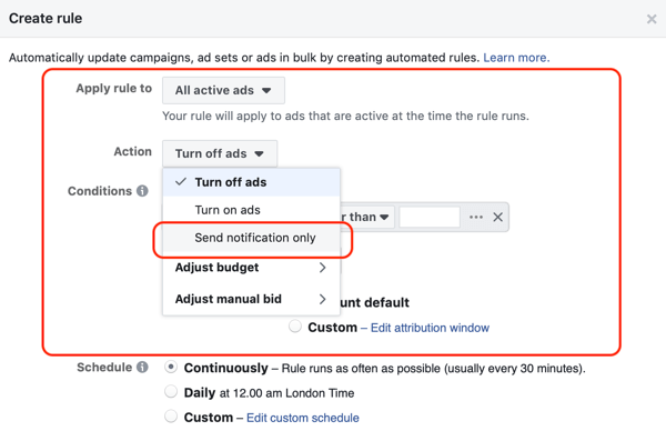 Koristite Facebook automatizirana pravila, obavijesti kada je učestalost oglasa iznad 2.1, korak 1, postavke oglasa i postavke radnji