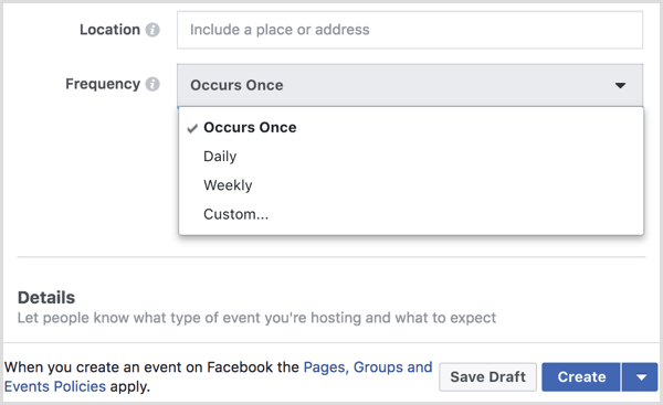 odaberite interval iz izbornika Frekvencija za stvaranje ponavljajućih događaja s Facebook stranicom