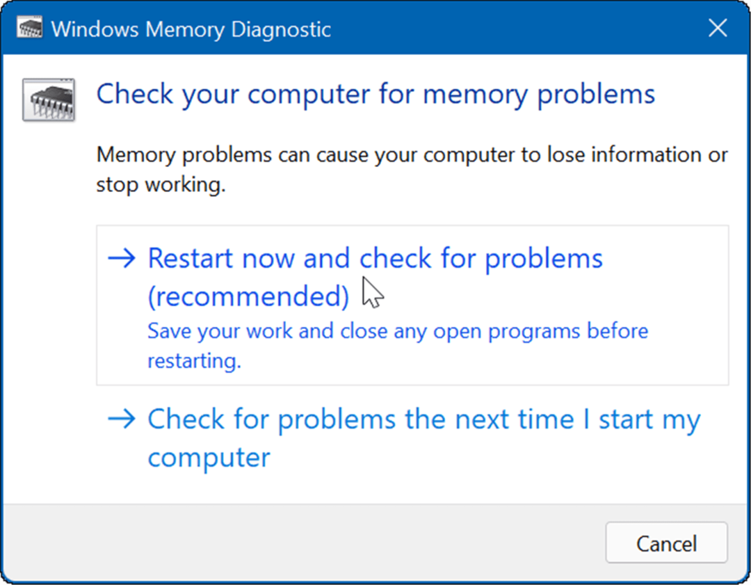 ponovno pokrenite i provjerite dijagnostiku memorije windowsa