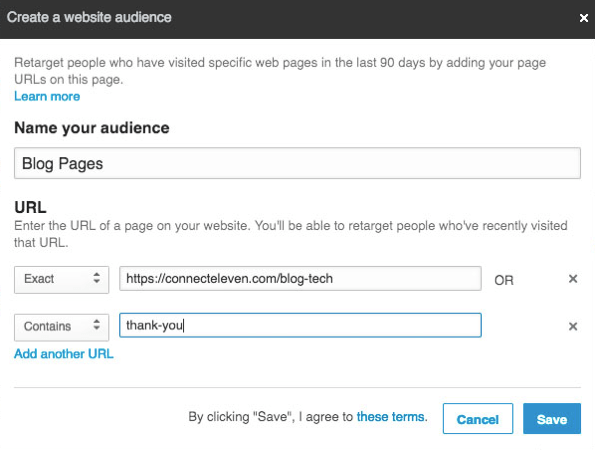 Možete dodati više URL-ova za ponovno ciljanje pomoću LinkedIn podudarne publike.