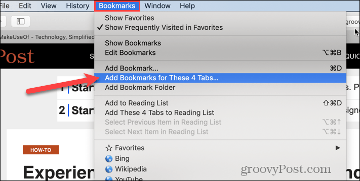 Odaberite Dodaj oznake za ove X kartice u Safariju