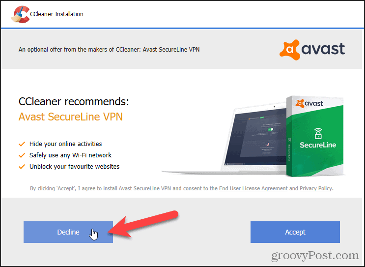 Odbijte Avast VPN u CCleaner