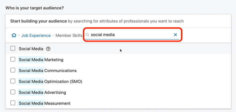 snimka zaslona rezultata pretraživanja za vještine članova "društvenih mreža" na LinkedInu