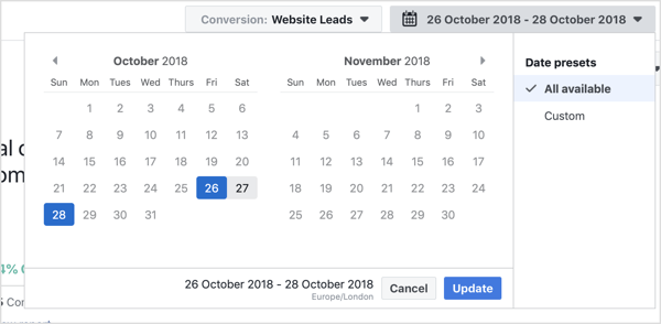 Odaberite datumski raspon koji želite pregledati pomoću alata Facebook Attribution.