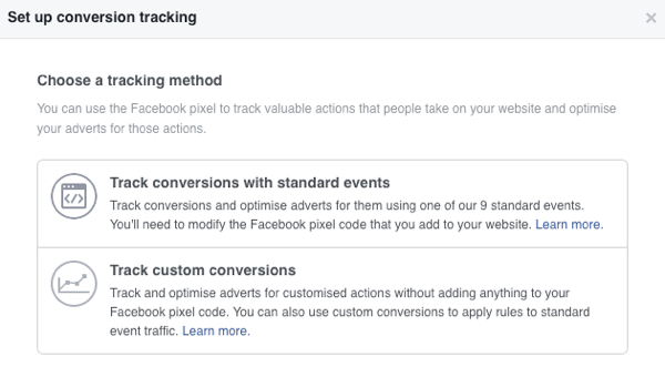 Za Facebook oglase možete birati između dvije metode praćenja konverzija.